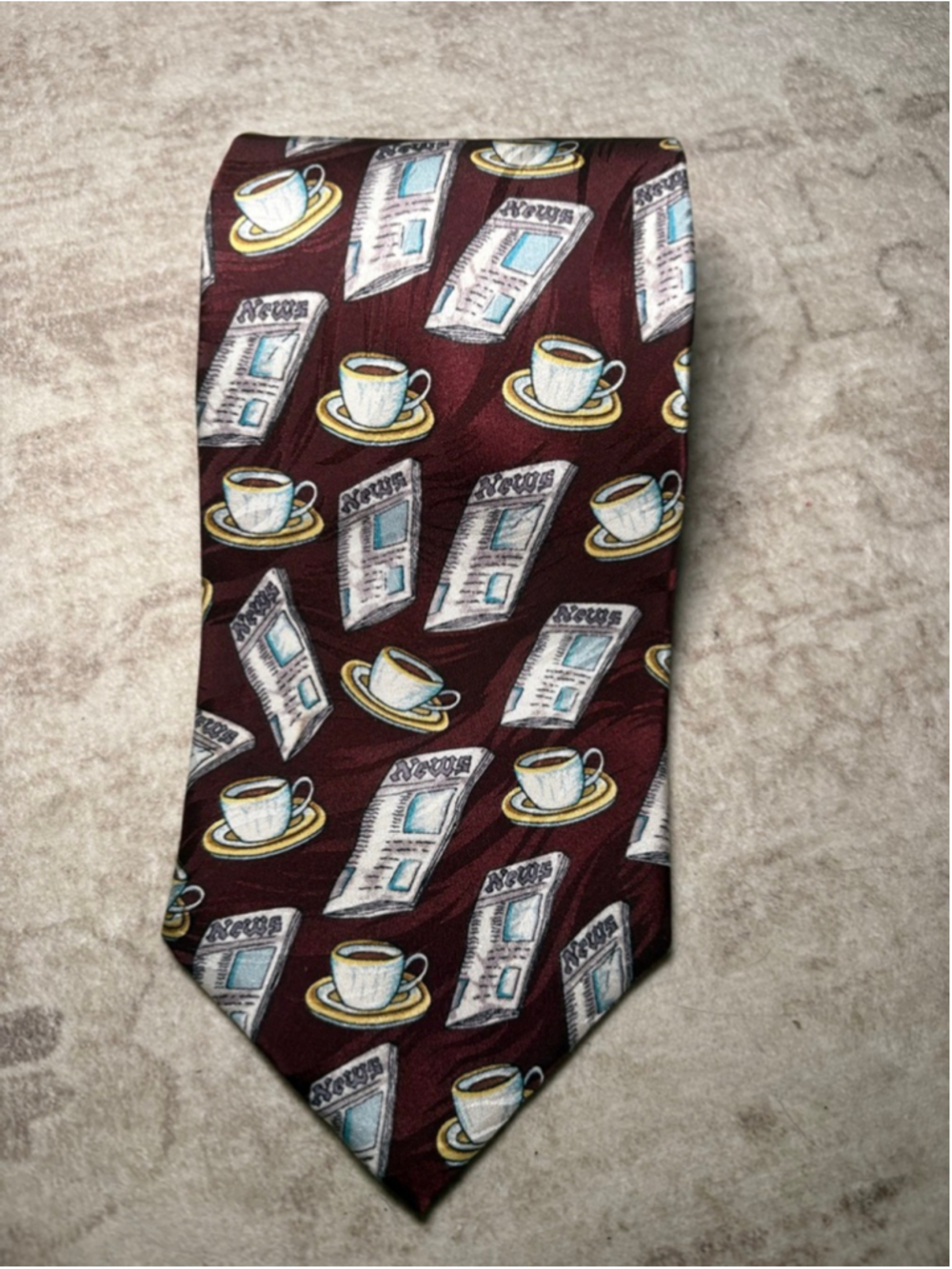 Museum Artifacts Silk Tie Burgundy Coffee Cups Newspapers